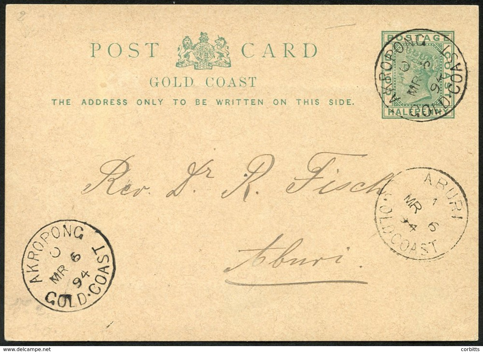1894 (6 Mar) ½d Stationery Card To Aburi, Cancelled By Superb 'AKROPONG/GOLD COAST' C.d.s. With Another Strike In Opposi - Sonstige & Ohne Zuordnung