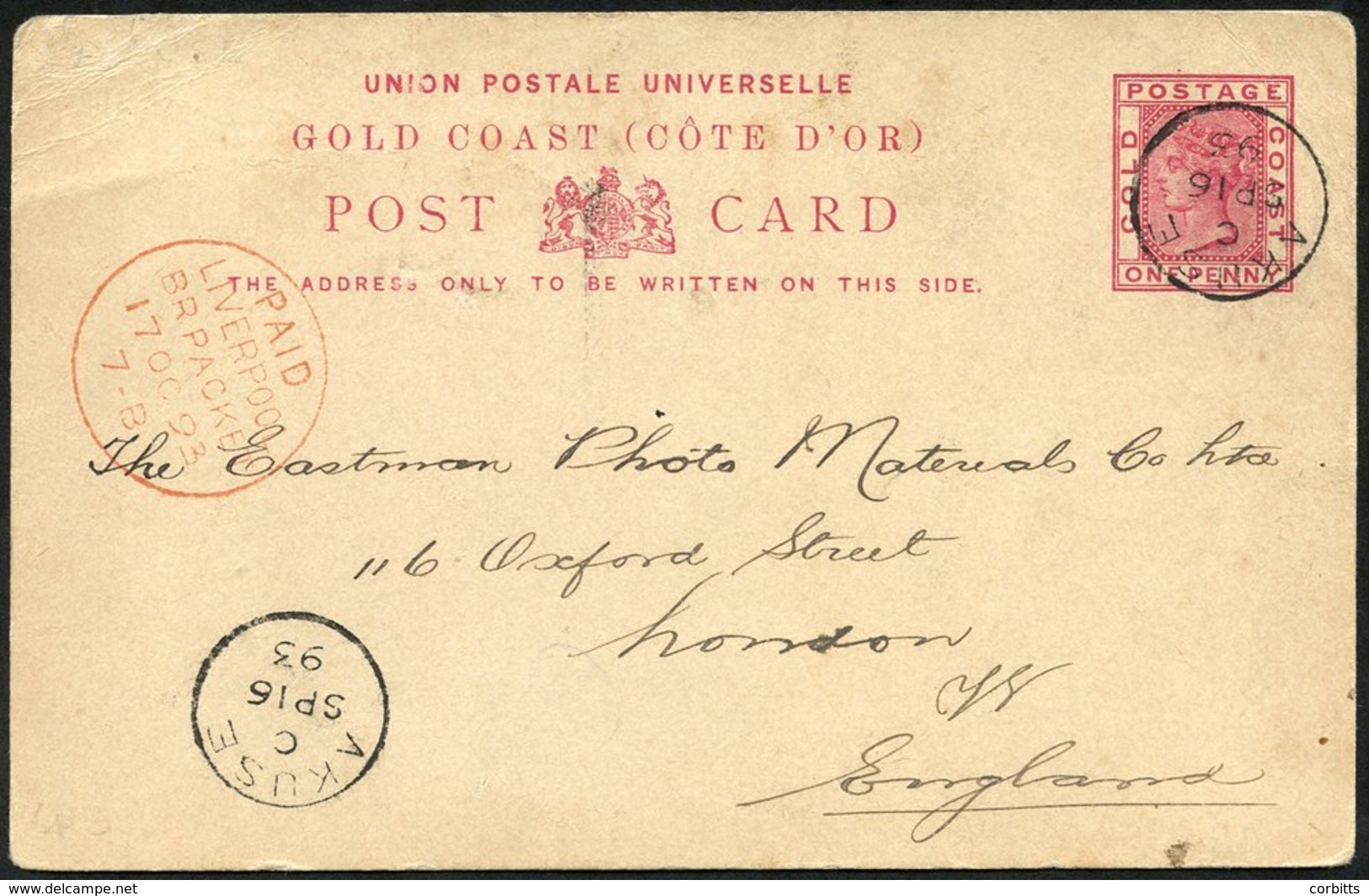 1895 (16 Sept) 1d Stationery Card To London, Cancelled By Fine 'AKUSE' C.d.s, Showing Another Strike In Opposite Corner  - Otros & Sin Clasificación