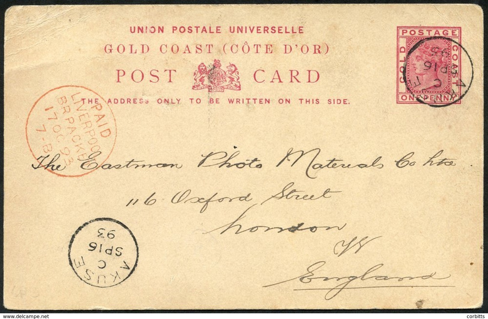 1895 (16 Sept) 1d Stationery Card To London, Cancelled By Fine 'AKUSE' C.d.s, Showing Another Strike In Opposite Corner  - Autres & Non Classés