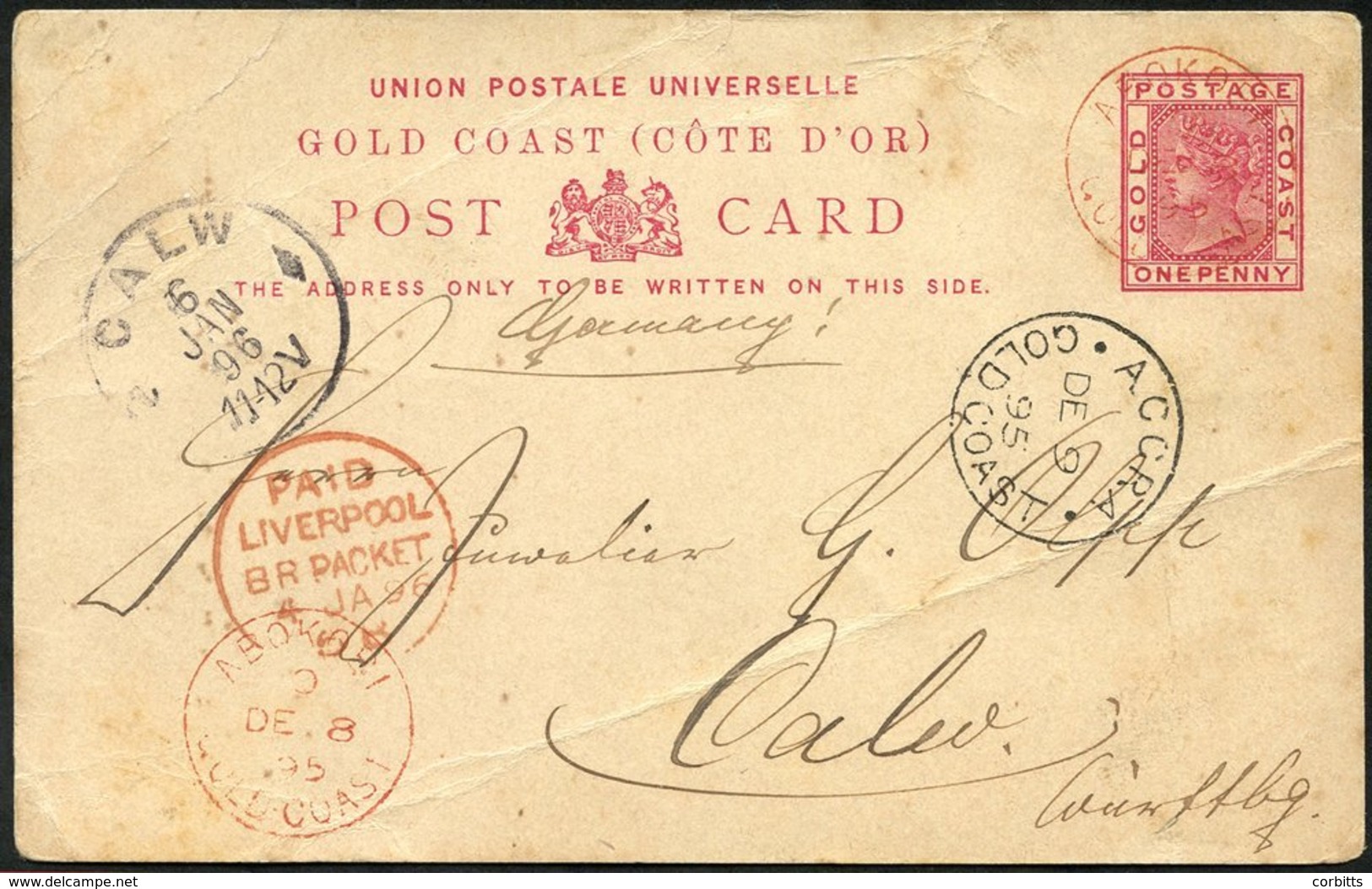 1895 (8 Dec) 1d Stationery Card To Germany, Neatly Cancelled By 'ABOKOBI/GOLD COAST' C.d.s. In Red With Another Strike I - Sonstige & Ohne Zuordnung