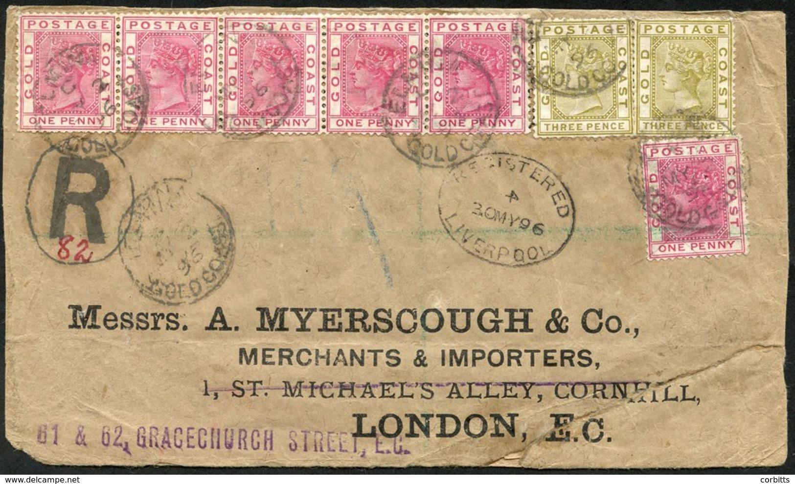 1896 (2 May) 'Myerscough' Quadruple Rate Envelope Reg To London, Bearing 1884-91 1d Rose-carmine Strip Of Five & Single  - Autres & Non Classés
