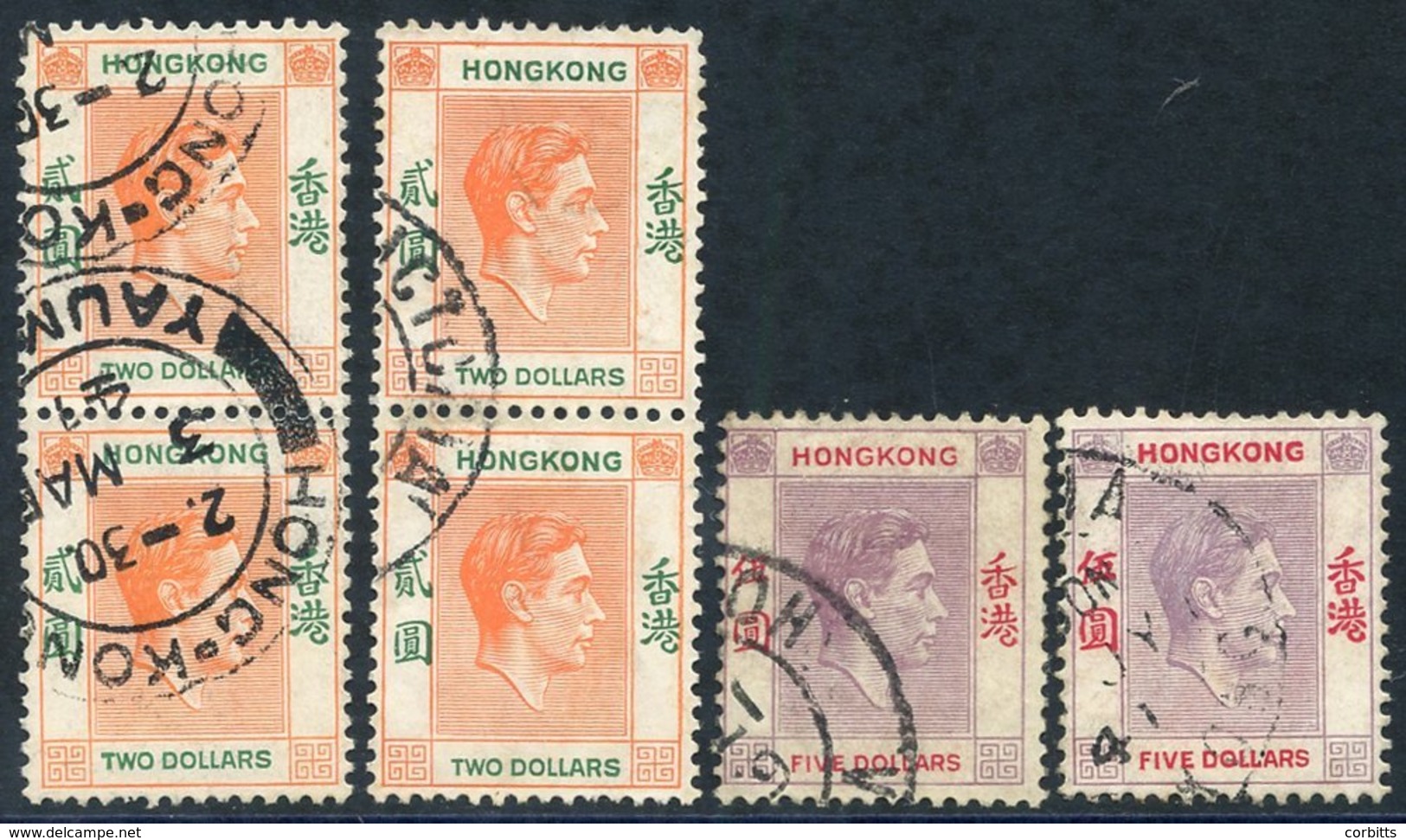 1938 $5 Dull Lilac & Scarlet, VFU (2) + $2 Red-orange & Green, VFU Vertical Pairs (2), 1st Postmarked Victoria, Other Pm - Sonstige & Ohne Zuordnung