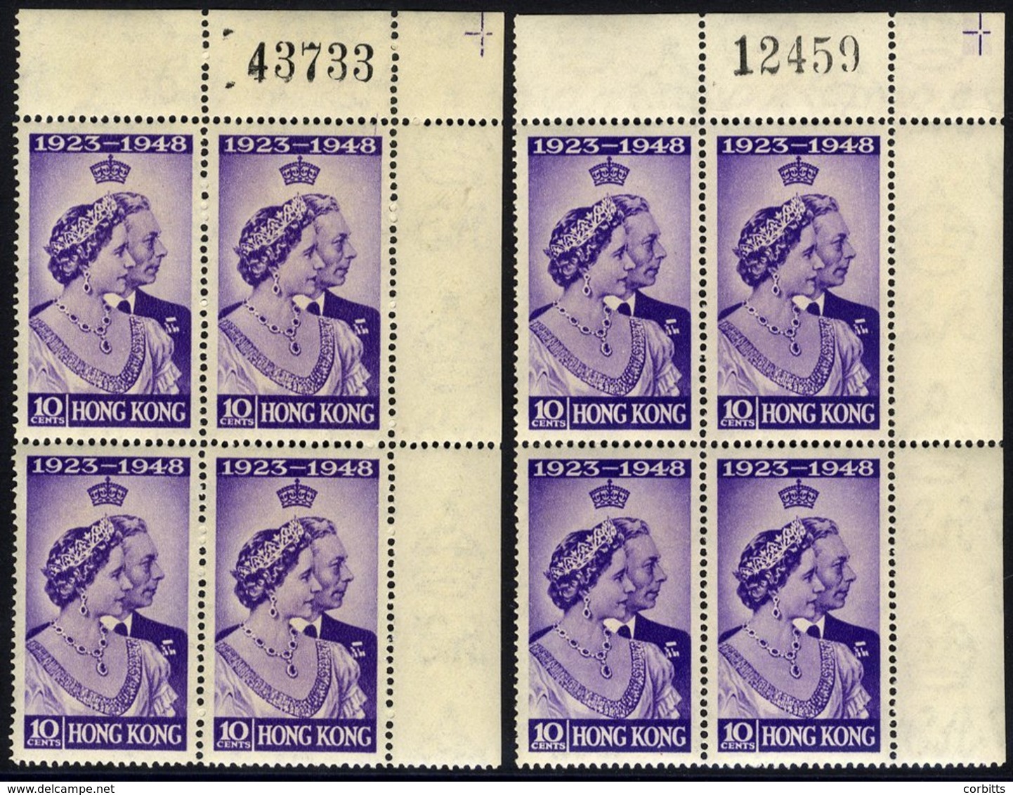 1948 Silver Wedding 10c Violet Upper Left Corner Marginal Block Of Four Showing Sheet Number In Margin & Incl. Variety S - Sonstige & Ohne Zuordnung