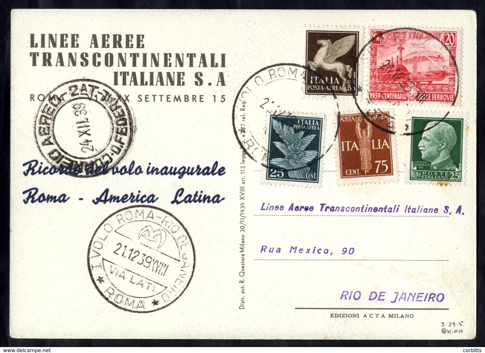 1939 Dec 21st LATI First Flight Cover Rome - Rio De Janeiro Official Cacheted Card. - Autres & Non Classés