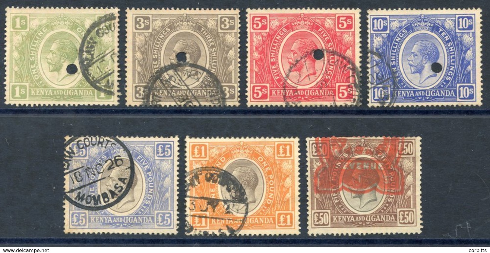 KENYA & UGANDA 1922 Postage & Revenue KGV Stamps Fiscally Used 1s, 3s, 5s, 10s Law Courts Cancels & Punched, £1 & £5 Law - Sonstige & Ohne Zuordnung