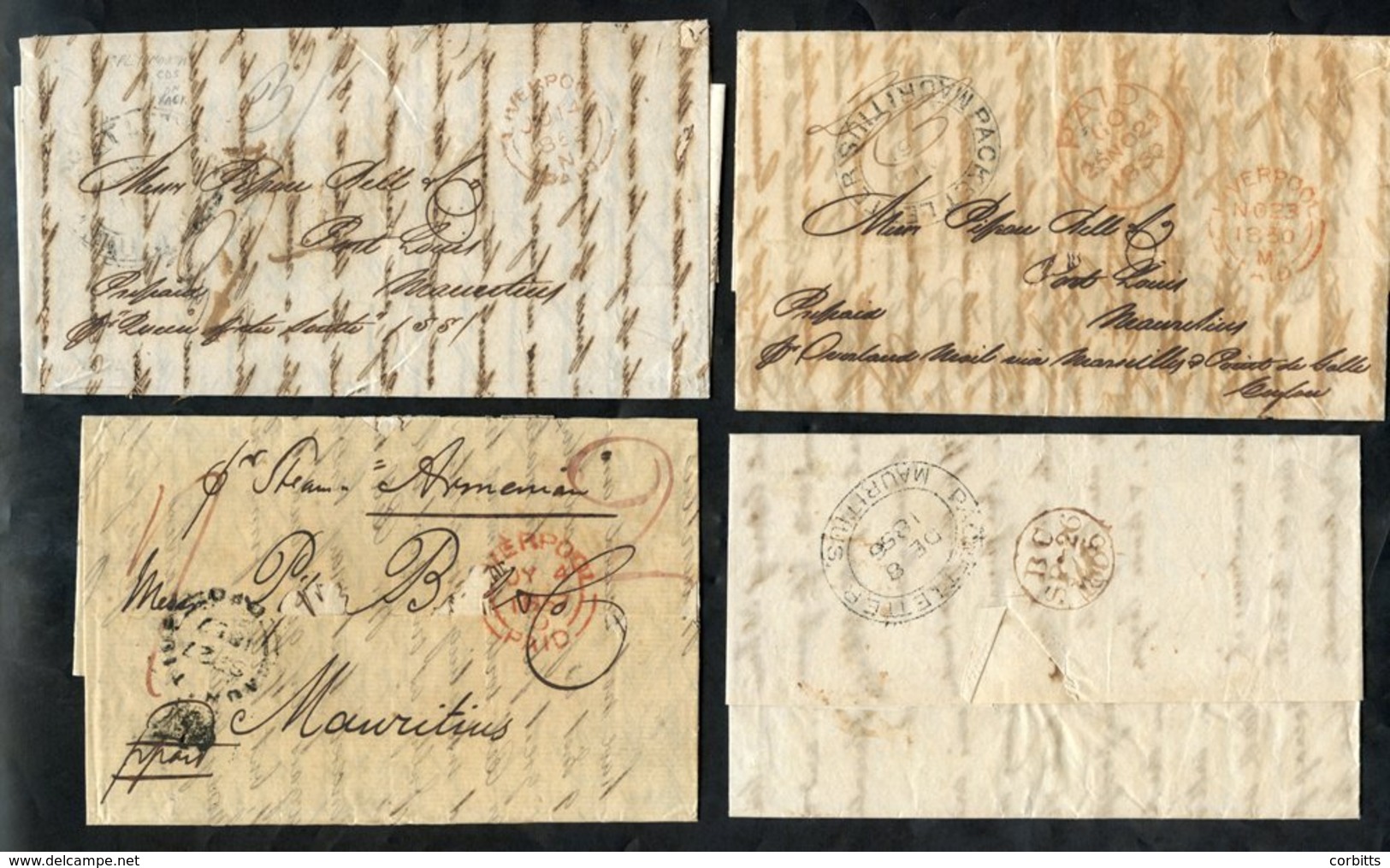 1852-57 Four Stampless Entires All From Liverpool, Three Have Packet Letter Mauritius D/stamps, - Sonstige & Ohne Zuordnung