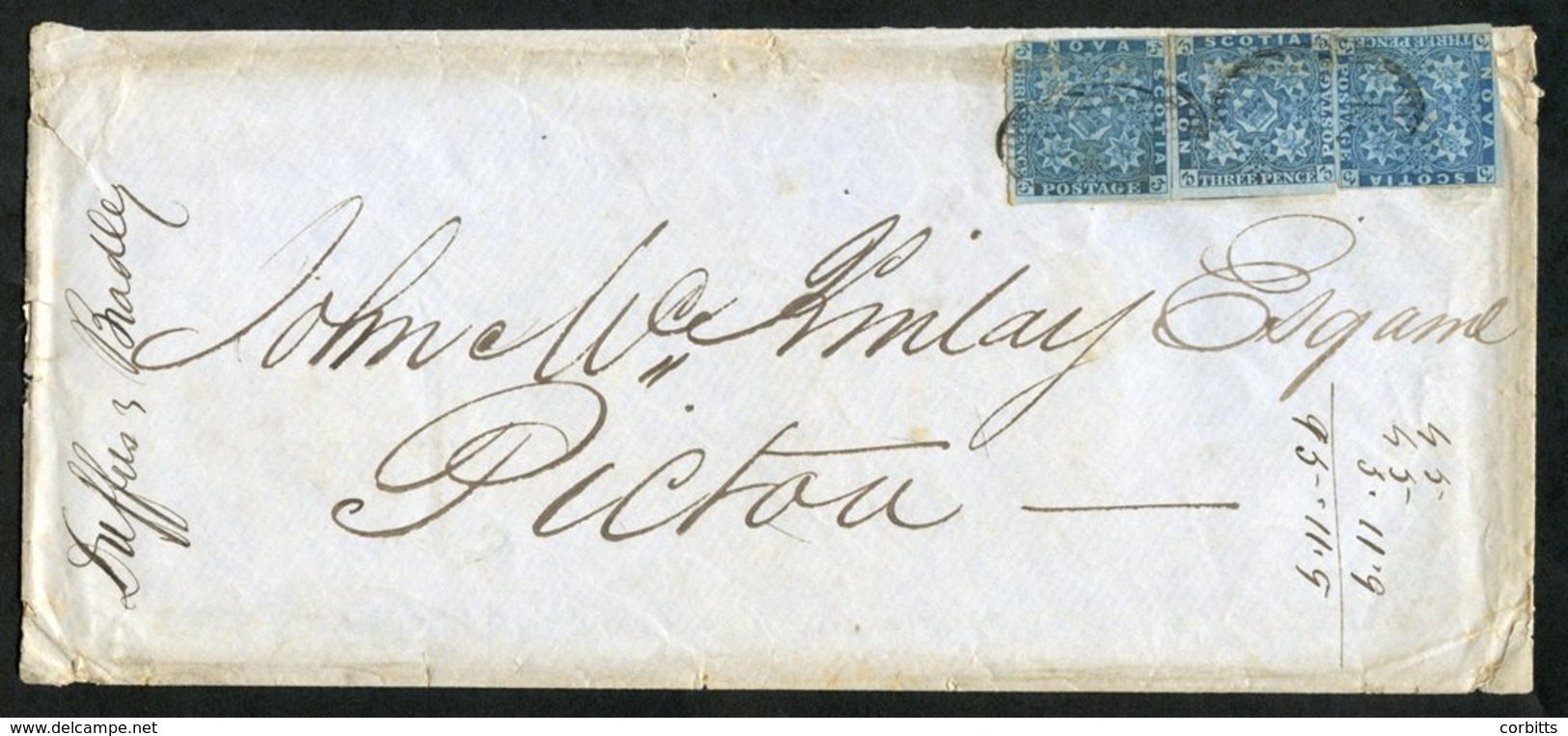 1855 Cover, Halifax (JU 10) To Pictou With Three 3d, Left Stamp Damaged At Upper Left, Others With Good To Clear Margins - Sonstige & Ohne Zuordnung