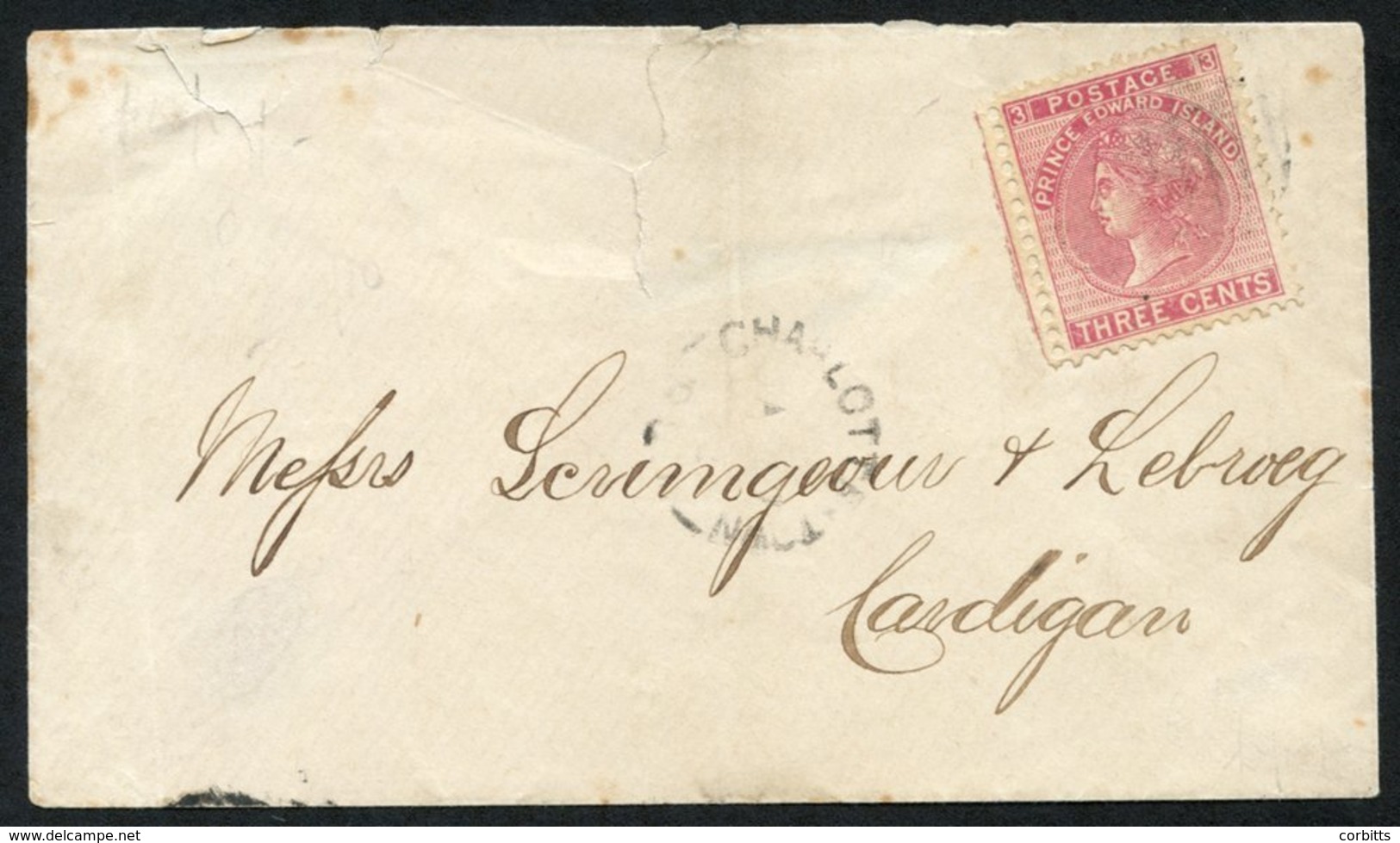 1872 Locally Sent Cover To Cardigan From Charlotte-Town (JA 7) With A 3c Rose Lightly Tied By A Barred Canceller. Cover  - Sonstige & Ohne Zuordnung