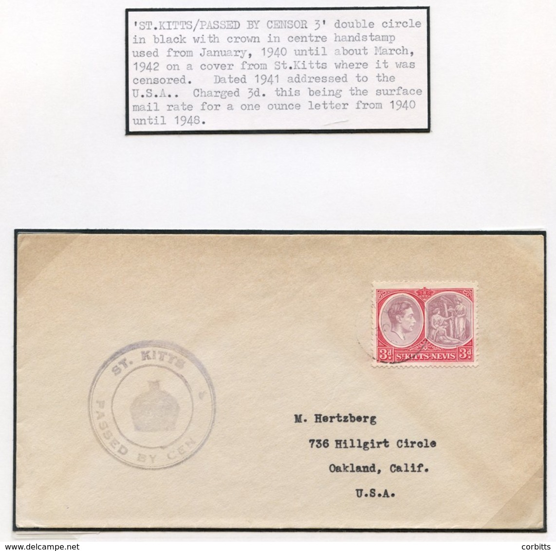 1941 Envelope To USA, Franked At 3d, Showing Fine 'ST. KITTS/Crown/PASSED BY CENSOR 3' In Black With 'SOR' Missing, Some - Sonstige & Ohne Zuordnung