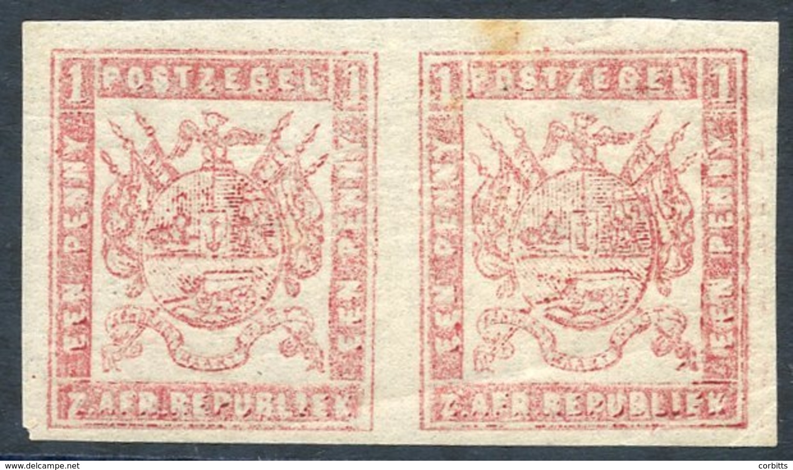 1870 Viljoen Thin Paper Imperf 1d Pale Reddish Pink Horizontal Pair, UM Large Margins, One With Tone Mark At Top But Sca - Sonstige & Ohne Zuordnung