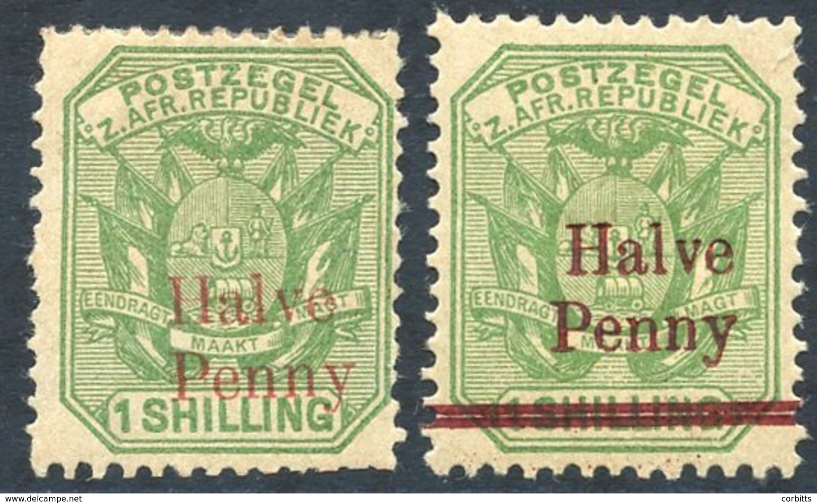 1895 ½d On 1s Green, Variety 'bars' Omitted M Expertised By Senf Etc. Variety Caused By Misplaced Ovpt, Also A Normal Ov - Sonstige & Ohne Zuordnung