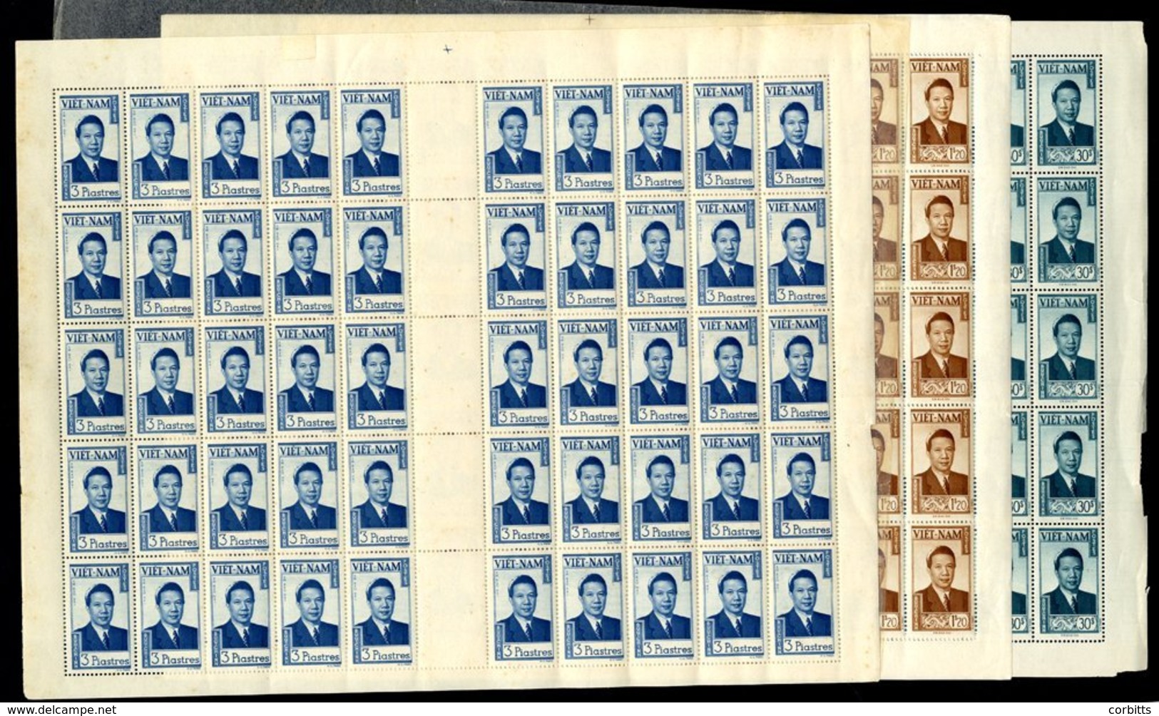 1951 Emperor Bao Dai 1p.20, 3p & 30p (top Value Denominations Each In A Complete UM Sheet Of Fifty, Usual Light Gum Toni - Sonstige & Ohne Zuordnung