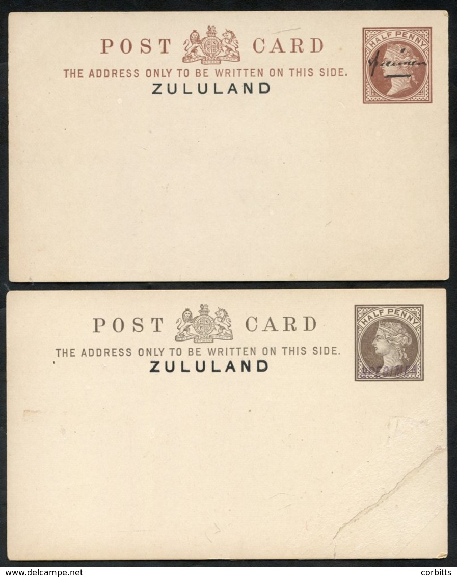 1893 GB ½d Postcard Overprinted ZULULAND, Two Examples - One With A 'SPECIMEN' H/stamp (corner Broken Away & Re-joined), - Sonstige & Ohne Zuordnung