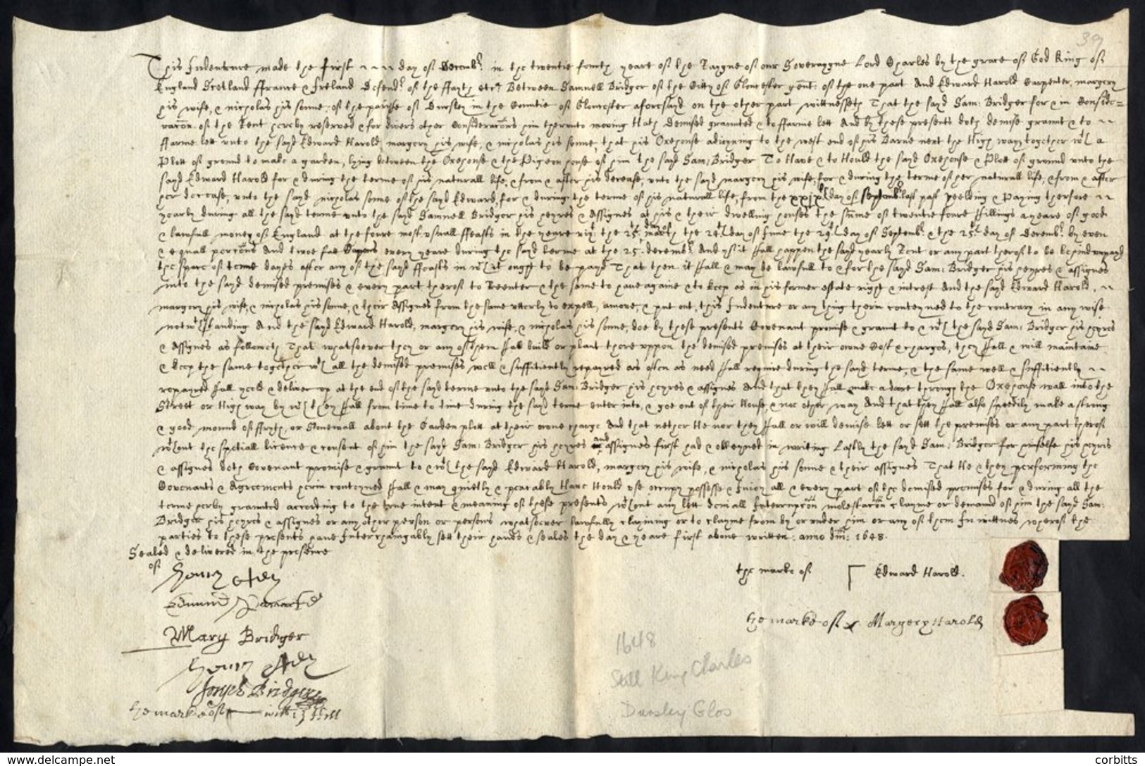 1648 (Dec 1) Indenture Concerning A House & Land, Agreed Between Samuel Bridger Of Gloucester, Gentleman, And Edward Har - Sonstige & Ohne Zuordnung