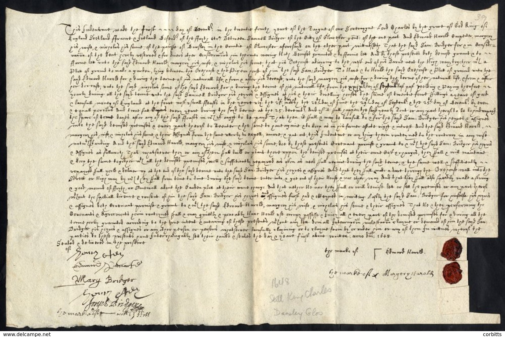 1648 (Dec 1) Indenture Concerning A House & Land, Agreed Between Samuel Bridger Of Gloucester, Gentleman, And Edward Har - Autres & Non Classés
