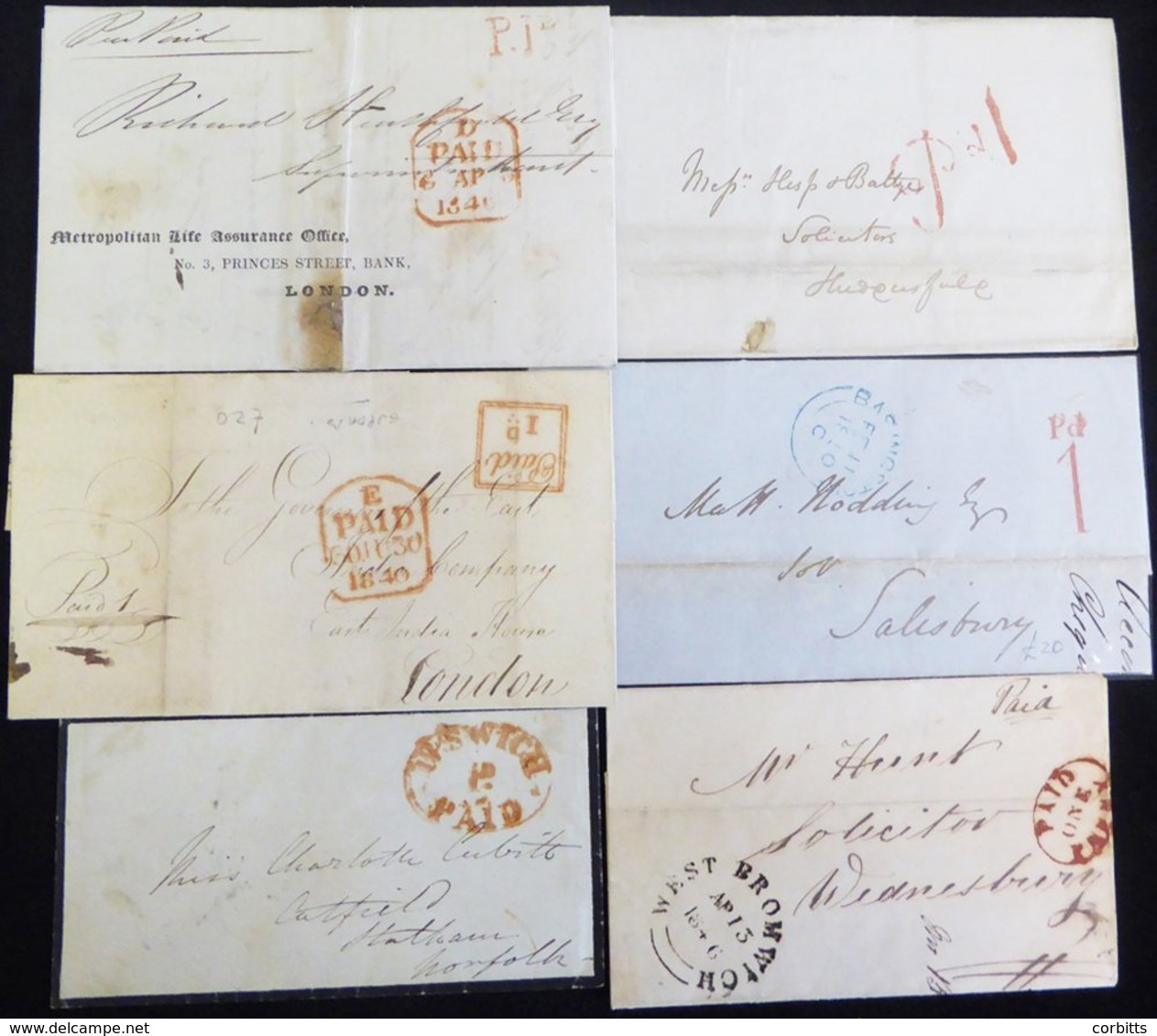UNIFORM PENNY POST 1840-46 Covers With 1d Postmarks Of Basingstoke, Romford, Bradford, Halifax, Ipswich & West Bromwich. - Sonstige & Ohne Zuordnung
