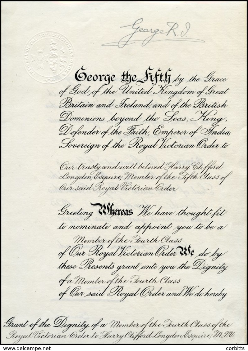 KING GEORGE V Signature As King At The Head Of Two Pages Dated 1923 Nominating Harry Clifford Longden Esquire To Be A Me - Sonstige & Ohne Zuordnung