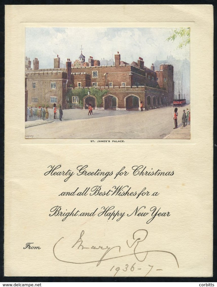 QUEEN MARY 1936-37 Folding Christmas Greetings Card Shows St. James' Palace & Underneath Christmas Greetings, Signed Mar - Autres & Non Classés