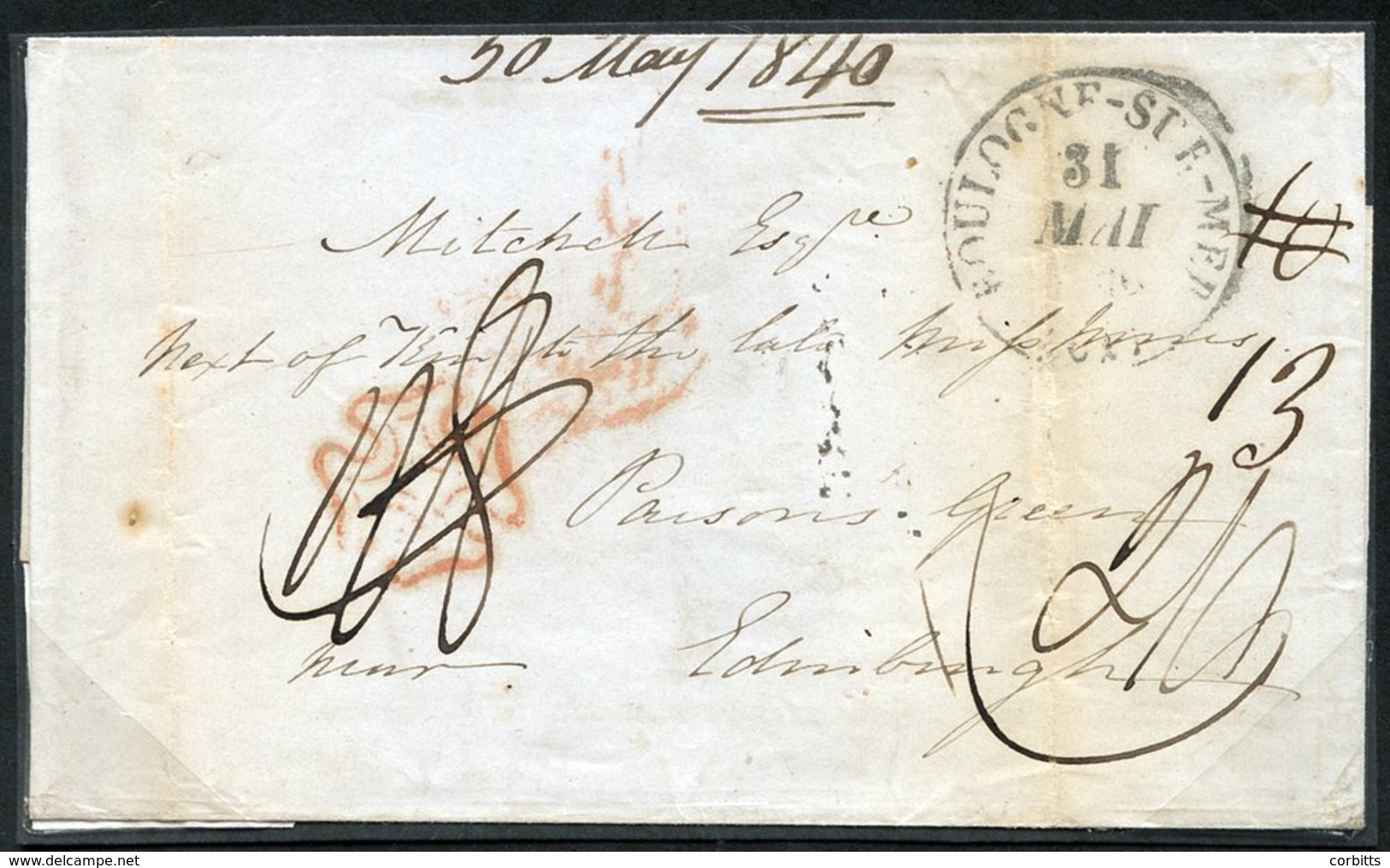 1840 Wrapper From Boulogne-Sur-Mer, France To Edinburgh, Prepaid In Cash With Red Maltese Cross Applied On Arrival, Subs - Autres & Non Classés