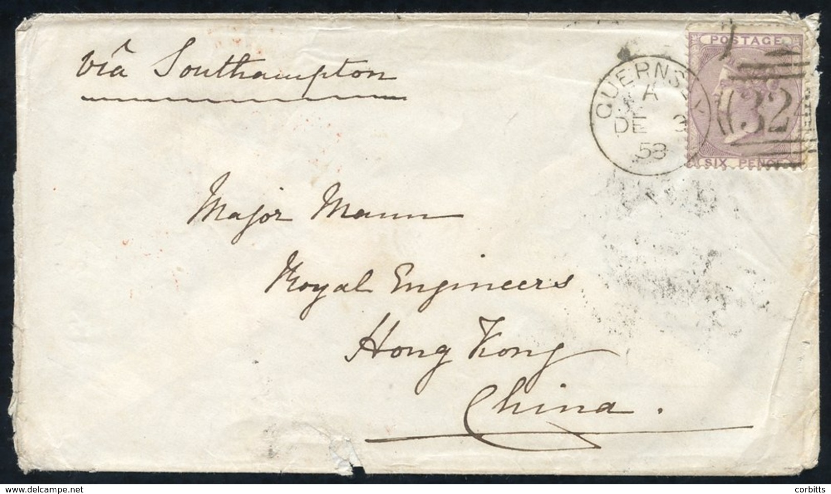 1858 Envelope From Guernsey To Hong Kong Franked 6d Lilac (SG. 68) Tied Fine Guernsey Duplex, Reverse With London Transi - Autres & Non Classés