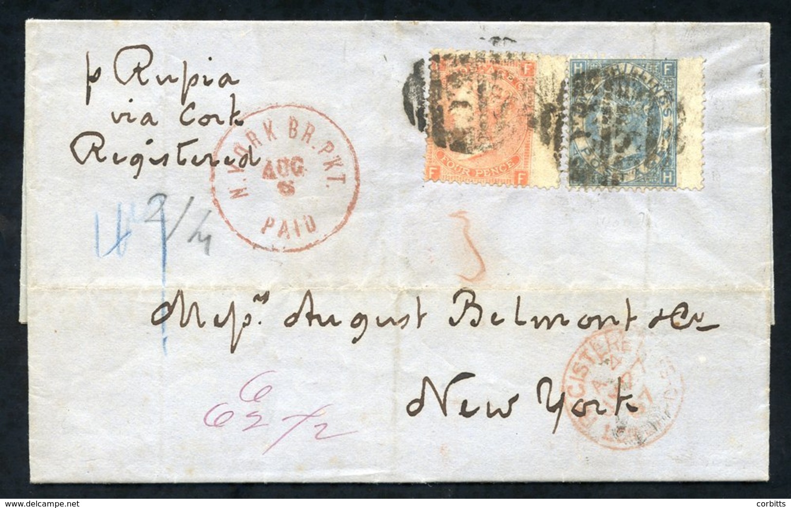 1867 Registered Cover From London To New York, Franked 4d Pl.9 (SG.94) & 2s Blue (SG.118) - Both Wing Margin Examples, T - Autres & Non Classés