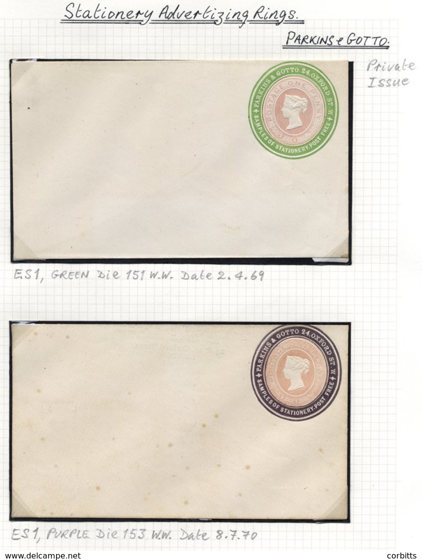 Advertising Rings 1870 Parkins & Grotto 1d Pink Envelope With Green Ring & 1d Pink Envelope With Purple Ring (Huggins AR - Autres & Non Classés