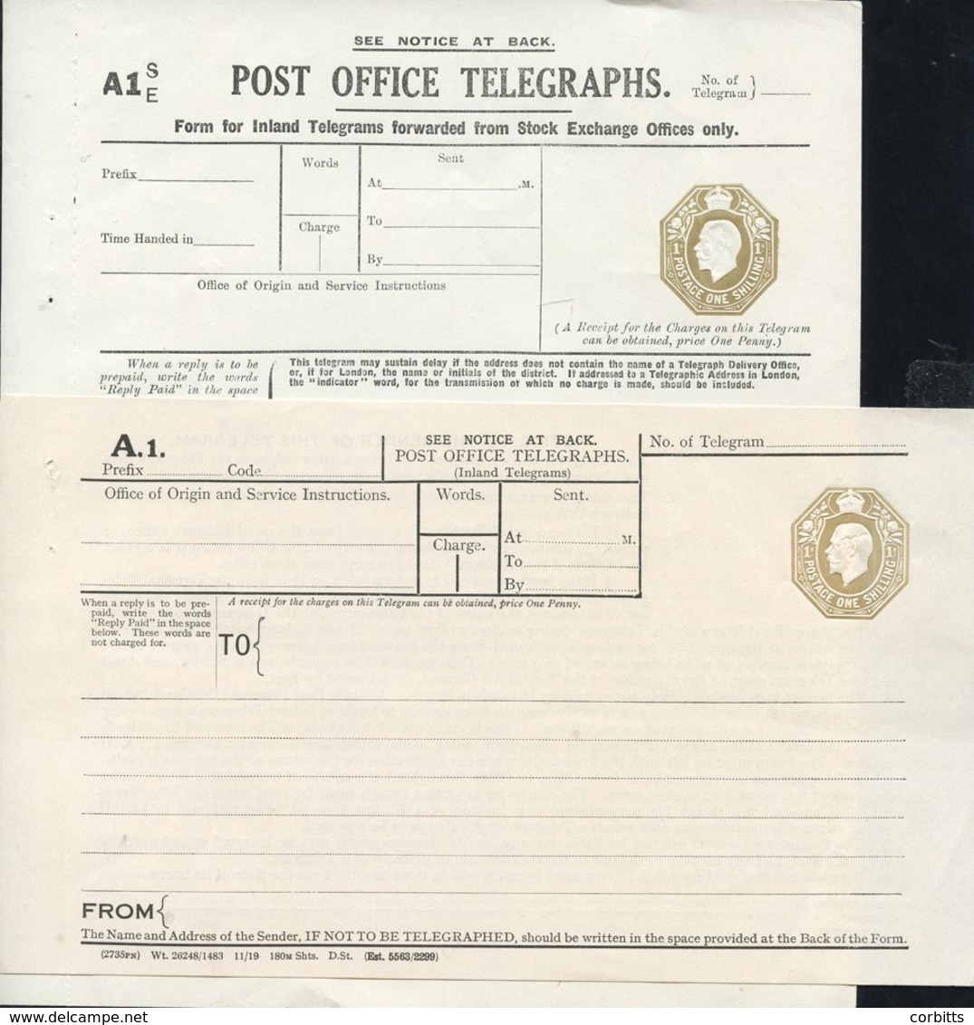 KGV P.O Telegraph 1s Dies Stock Exchange, Huggins TP49(bc) Cat. £100 & TP23(Ab) Cat. £100, Very Fine, Oswald Marsh Recei - Autres & Non Classés