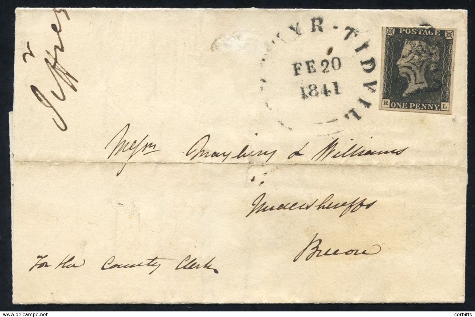 1841 Cover From Merthyr Tydfil To Brecon, Franked Pl.7 RL, Clear To Good Margins, Cancelled Black MC And Alongside Merth - Sonstige & Ohne Zuordnung