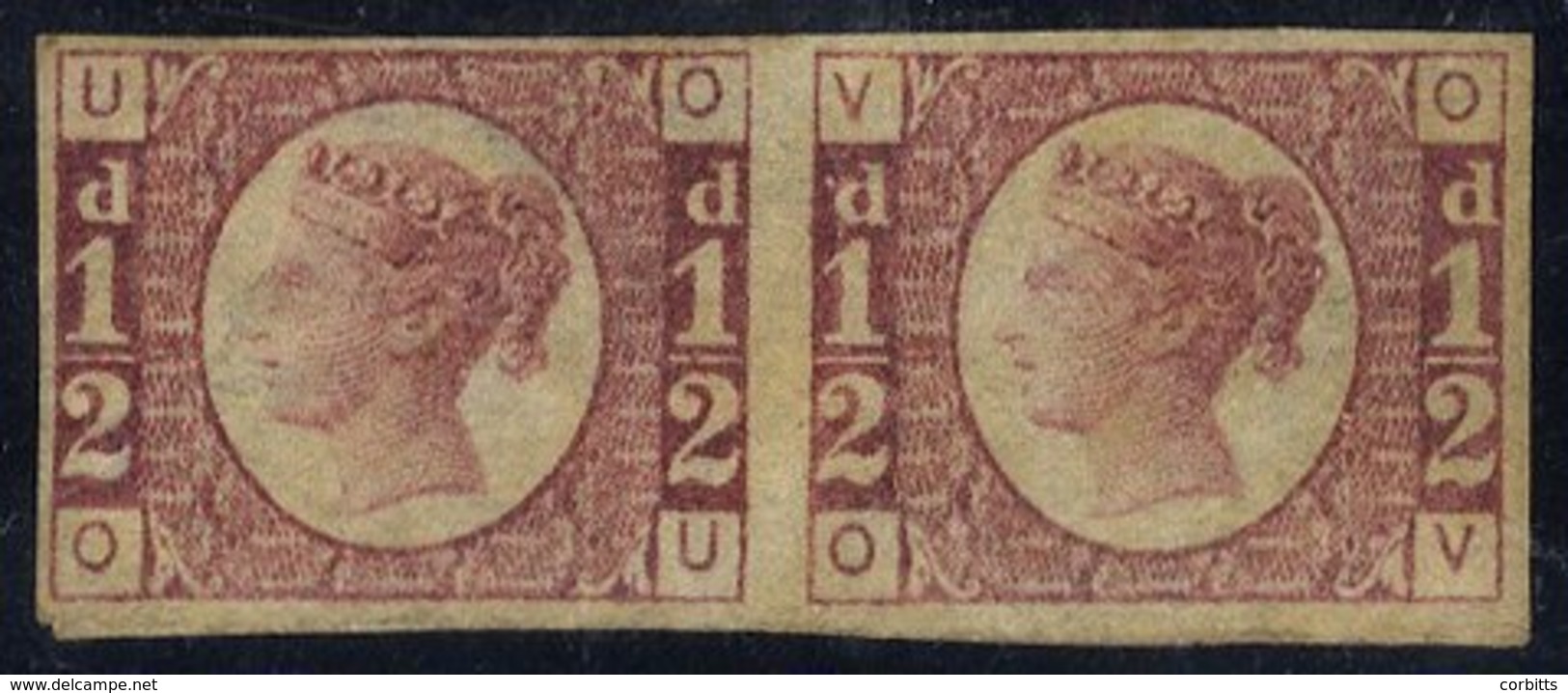 1870 ½d Rose Red Pl.1 Imperf Pair Lett OU/OV, Unused Small Traces Gum, SG49a, Rare. Cat. £9000 - Sonstige & Ohne Zuordnung