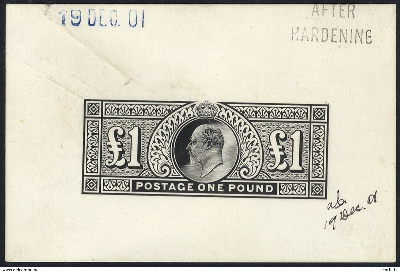 1902-10 DLR £1, Die Proof In Black On Glazed Card (92 X 60mm) Marked 'after Hardening' & Dated '19 Dec 01' Additionally  - Autres & Non Classés