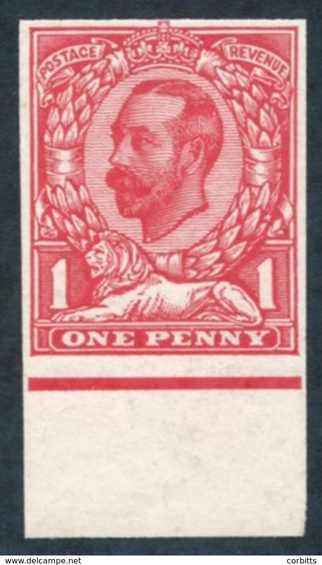 1911 1d Carmine Die IB Imperf Lower Marginal Plate Proof, No Wmk UM, Cat. £280. - Sonstige & Ohne Zuordnung