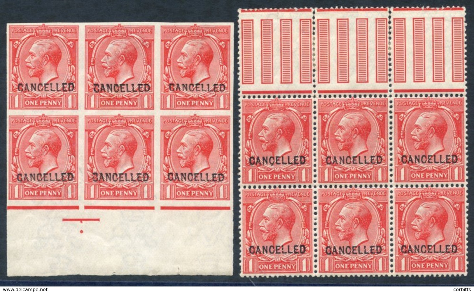 1912 Royal Cypher 1d Marginal M Block Of Six, Optd CANCELLED, Plus Similar Block Imperforate, Majority Are UM, Some Gum  - Autres & Non Classés