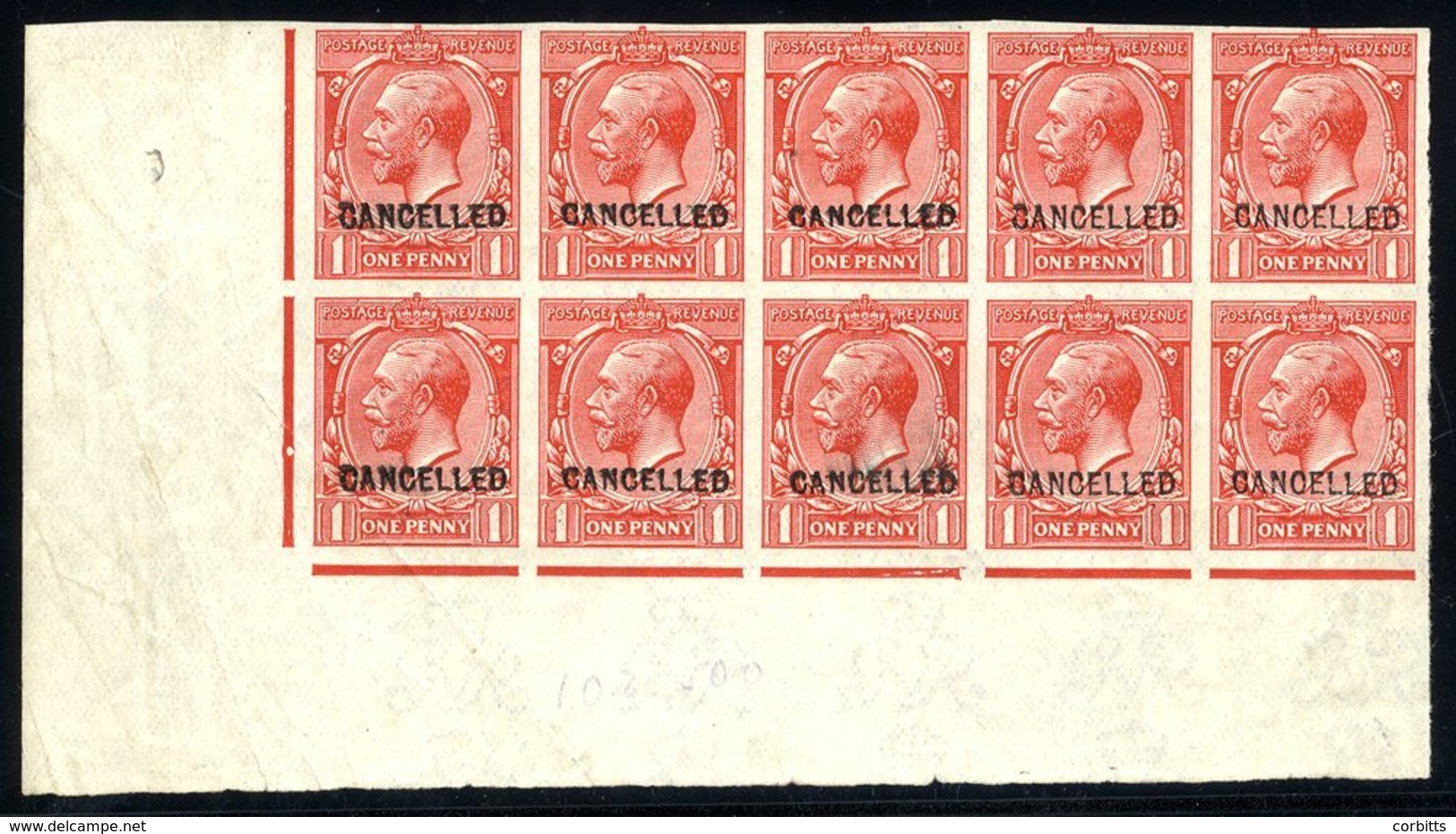 1912-24 1d Scarlet Lower Left Imperf Corner Block Of Ten (5x2) From Plate 37b, Ovptd CANCELLED (Type 24), Some Creasing  - Autres & Non Classés