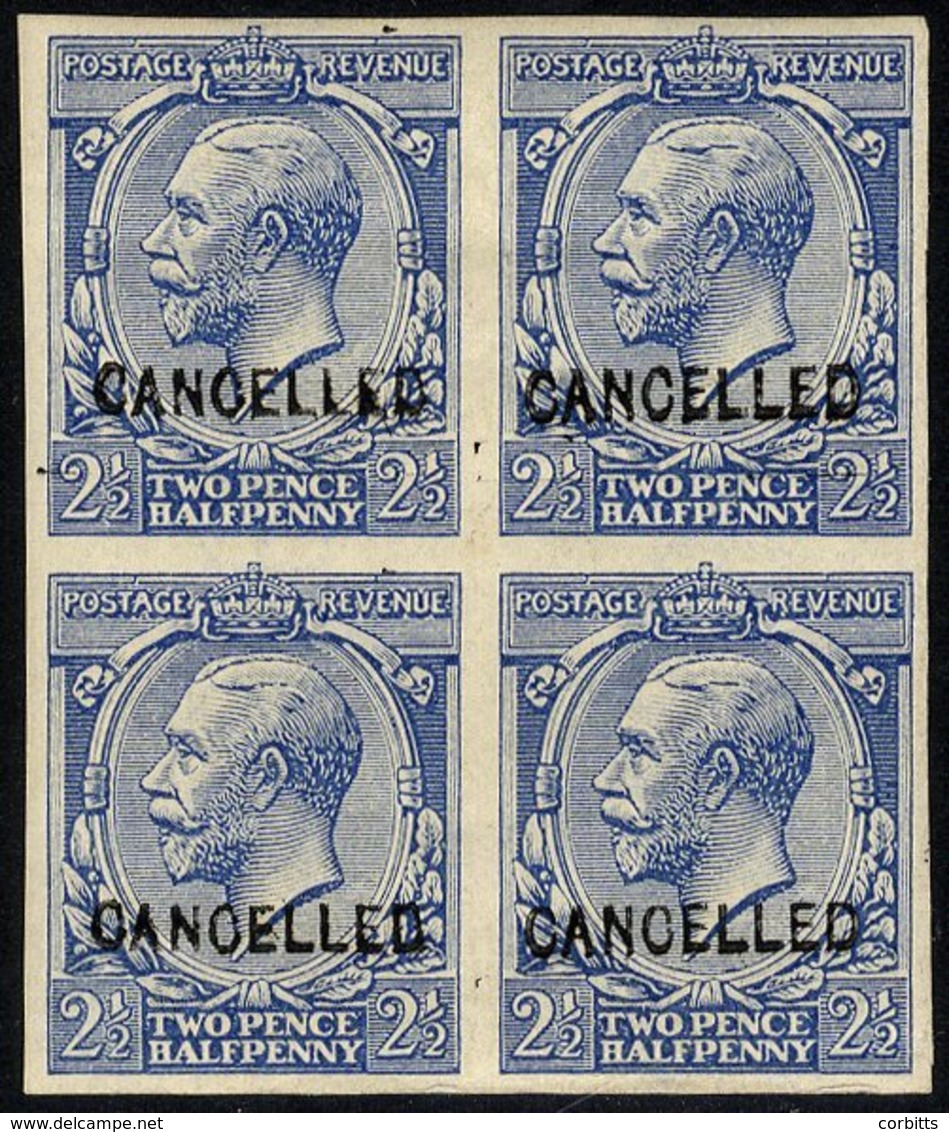 1912-24 2½d Imperf Block Of Four Overprinted CANCELLED (Type 24), Top Pair Are Creased & Gum Is A Little Toned O/w UM. S - Autres & Non Classés
