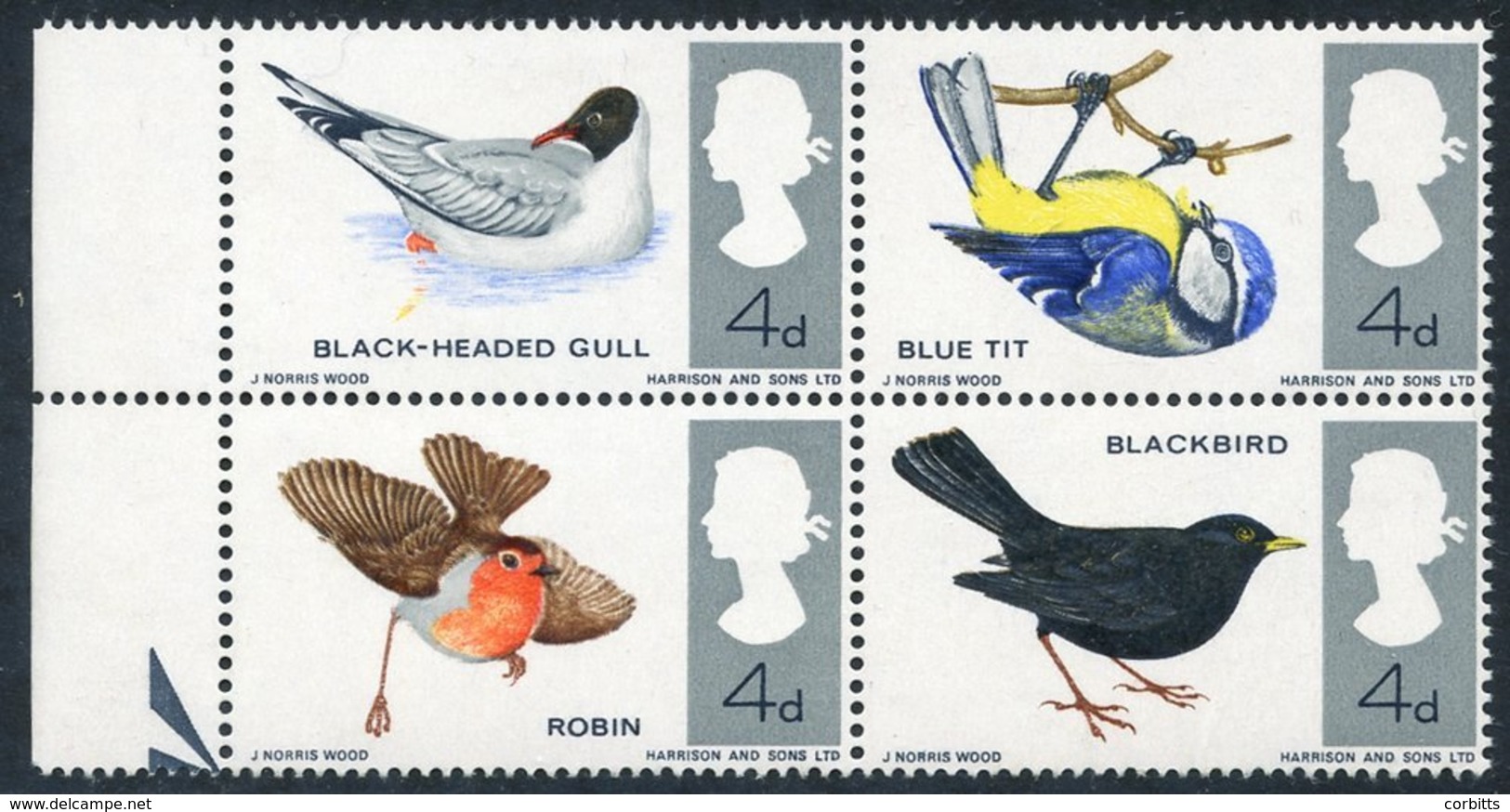 1966 Birds Marginal UM Block Showing The Error COLOUR GREEN OMITTED Affecting Three Stamps, Caterpillar Missing From The - Autres & Non Classés