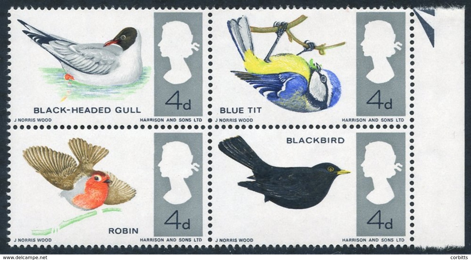 1966 Birds UM Block Showing The Major Error, Reddish Brown 'Legs' Omitted On Two From The Block, SG.698j & 699j. (4) Cat - Sonstige & Ohne Zuordnung