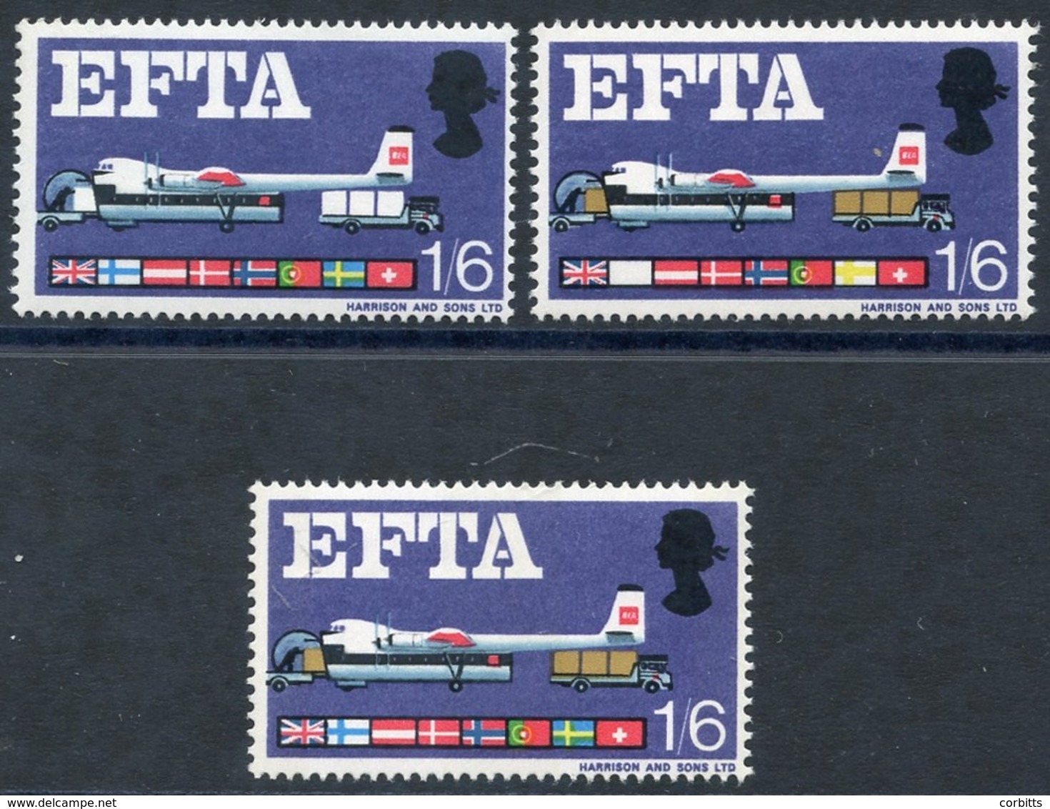 1967 EFTA 1/6d COLOUR BROWN OMITTED, Another With COLOUR TURQUOISE BLUE OMITTED, UM (SG.716e & 716pc), Normal Accompanie - Sonstige & Ohne Zuordnung