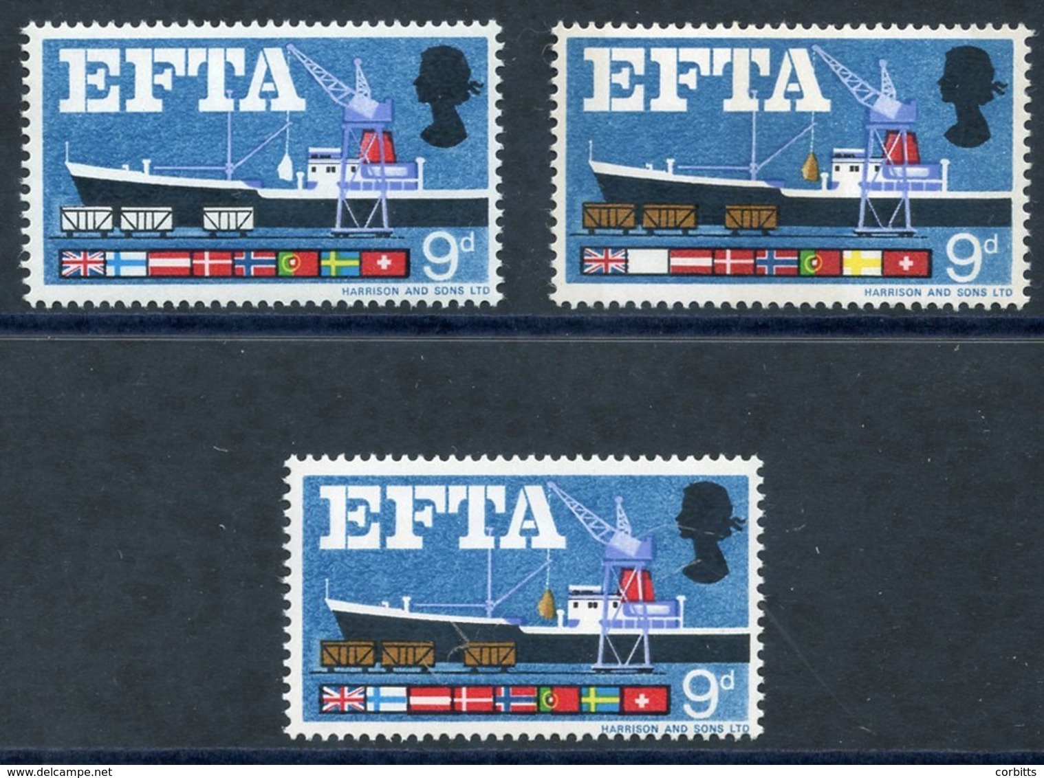 1967 EFTA 9d COLOUR BROWN OMITTED, UM, SG.715d, Another With COLOUR NEW BLUE OMITTED, SG.715pe. (2) Cat. £235 - Autres & Non Classés