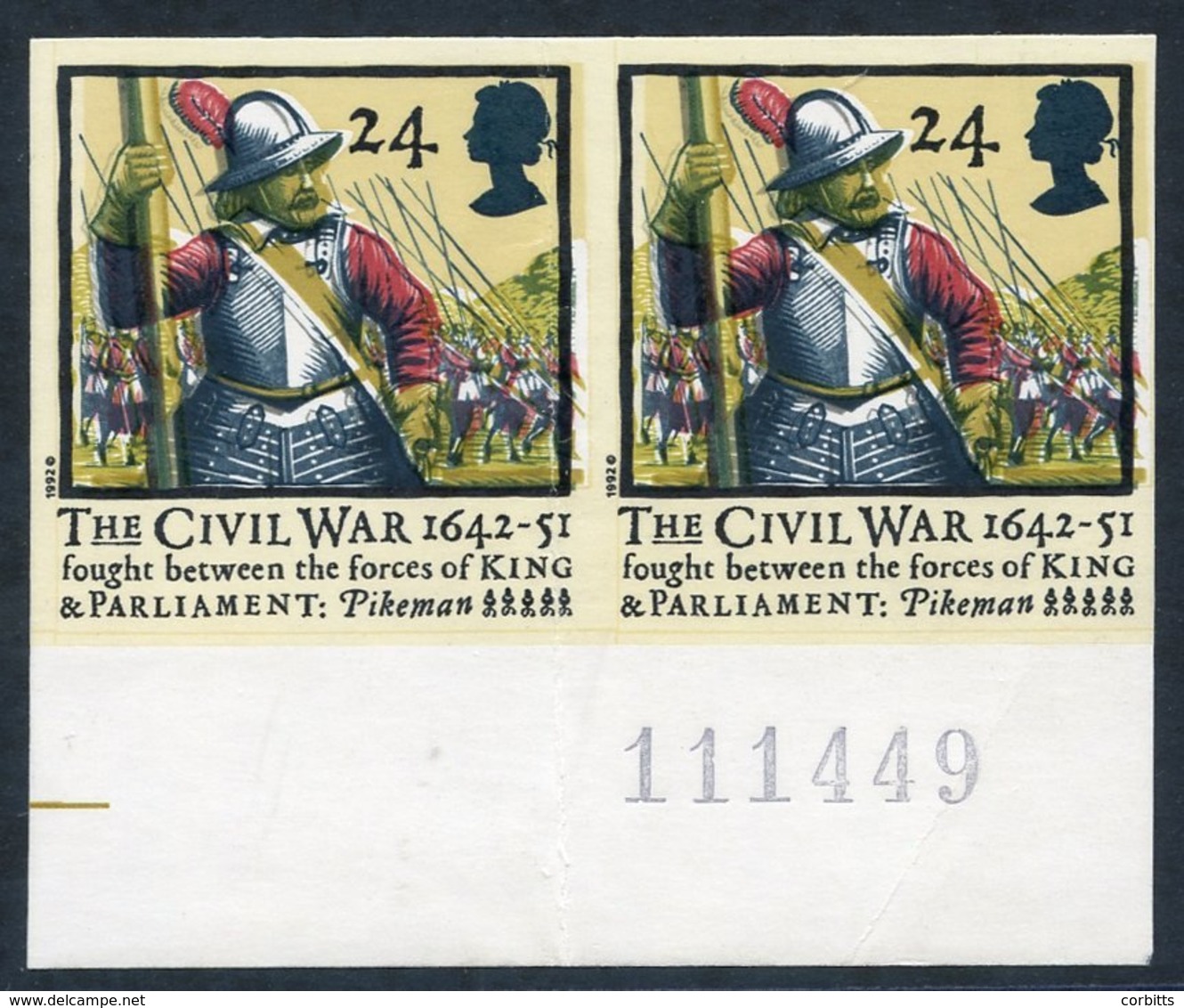 1992 Civil War 24p Pikeman Lower Marginal UM Horizontal Imperf Pair (left Stamp Vertical Crease), SG.1620a. (2) Cat. £55 - Autres & Non Classés