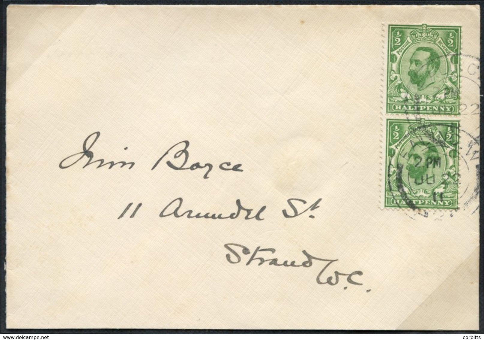 1911 ½d Green Wmk Crown Die IA (SG.322) First Day Cover, Vertical Pair On A Neat Envelope Addressed To The Strand And Ca - Other & Unclassified