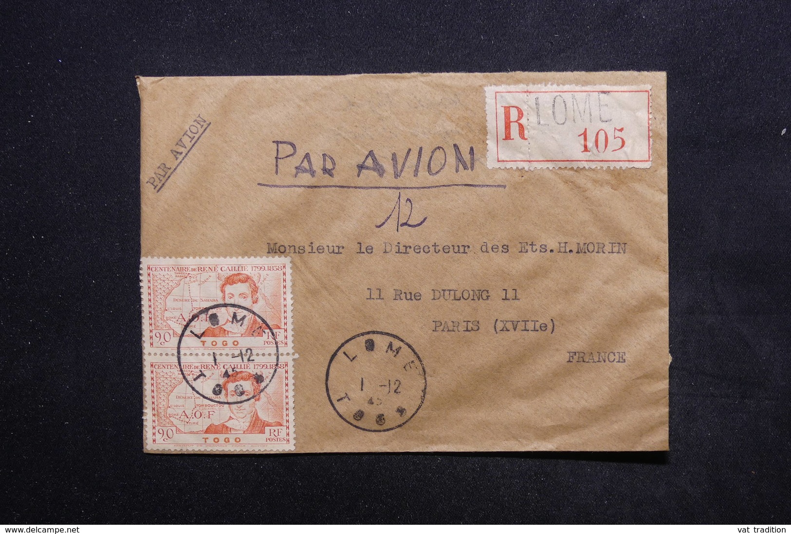 TOGO - Affranchissement Plaisant Recto Et Verso De Lome Sur Enveloppe En Recommandé Pour Paris En 1945 - L 24208 - Cartas & Documentos