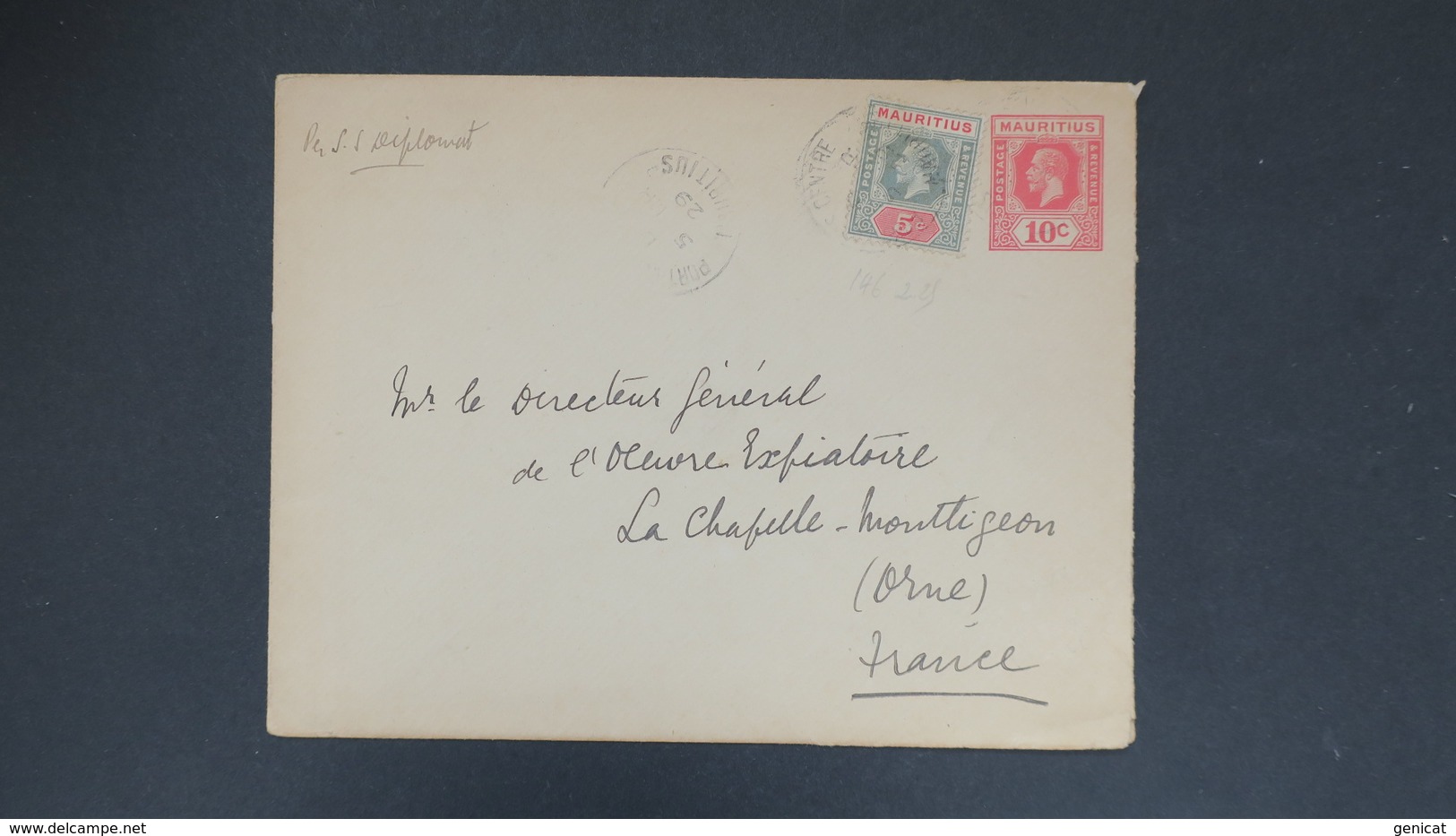 Maurice 1929 Entier Postal Avec Complément Pour La France , Mauritius Postal Stationary By S/S Diplomat 1929 To France - Mauritius (...-1967)