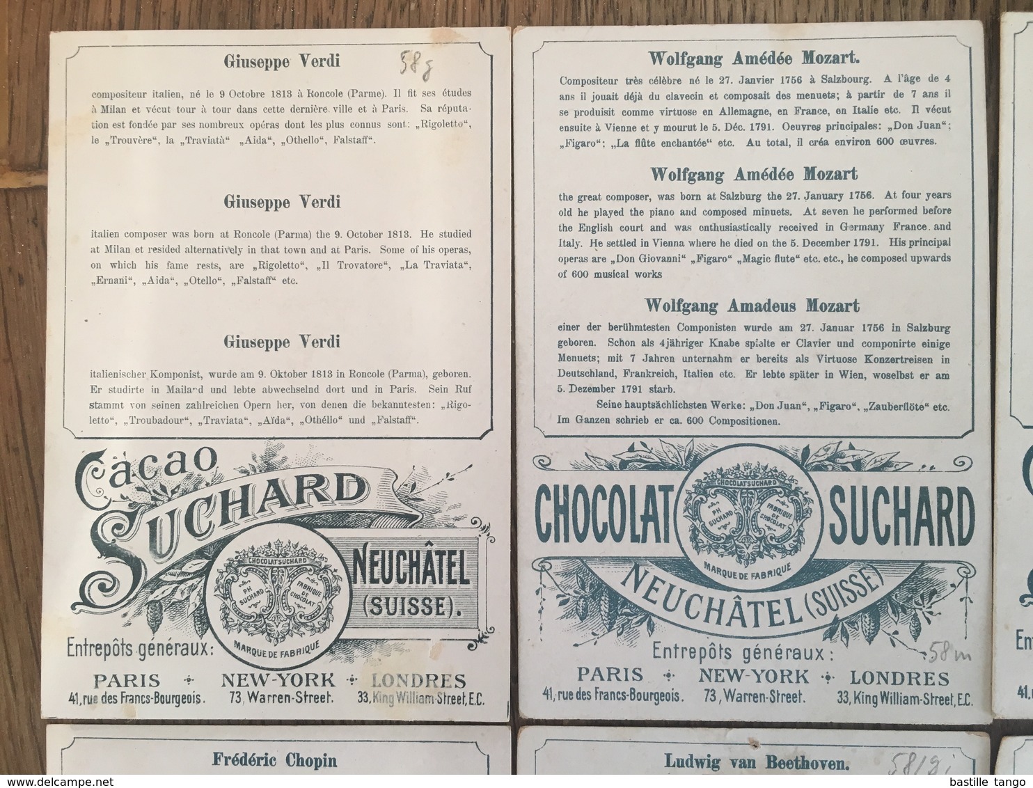 Série Complète 12 CHROMOS CHOCOLAT SUCHARD S58 1898 Full Set Famous Composers Compositeurs Célèbres Mozart Verdi Chopin - Suchard