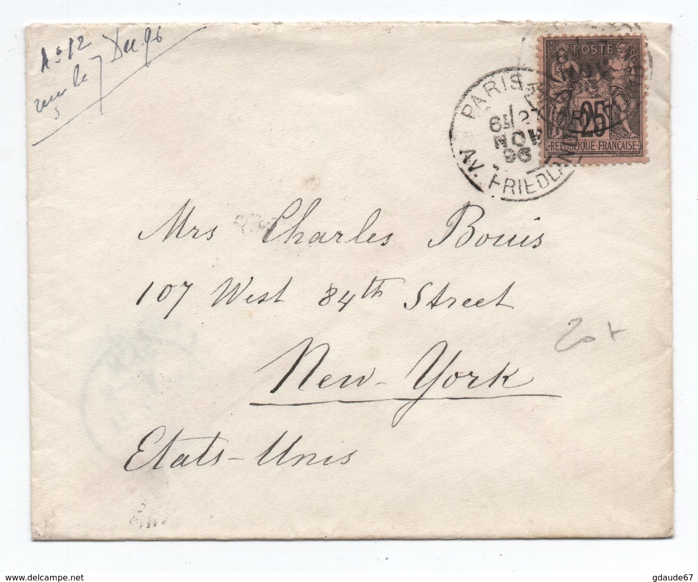 1896 - ENVELOPPE De PARIS Pour NEW YORK (ETATS UNIS) Avec TYPE SAGE - 1877-1920: Période Semi Moderne