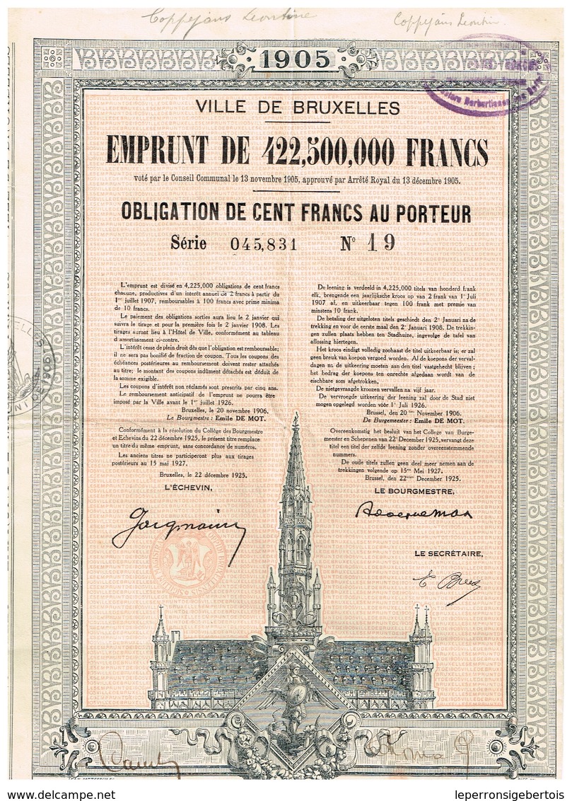 Obligation Ancienne - Ville De Bruxelles 1905 - Titre De 1925 - - A - C