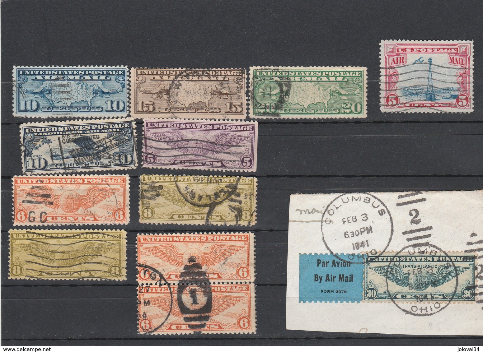 USA   Lot De 12 Timbres Poste Aérienne Oblitérés Dont Yvert PA 7 à 12 + PA 25 Sur Fragment Cachet Colombus - 1a. 1918-1940 Oblitérés