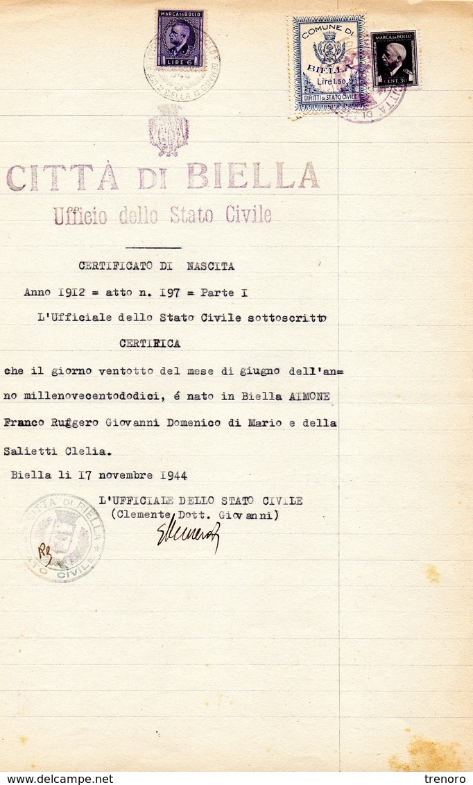 CERTIFICATO DI NASCITA - 17.11.1944 - Revenue Stamps