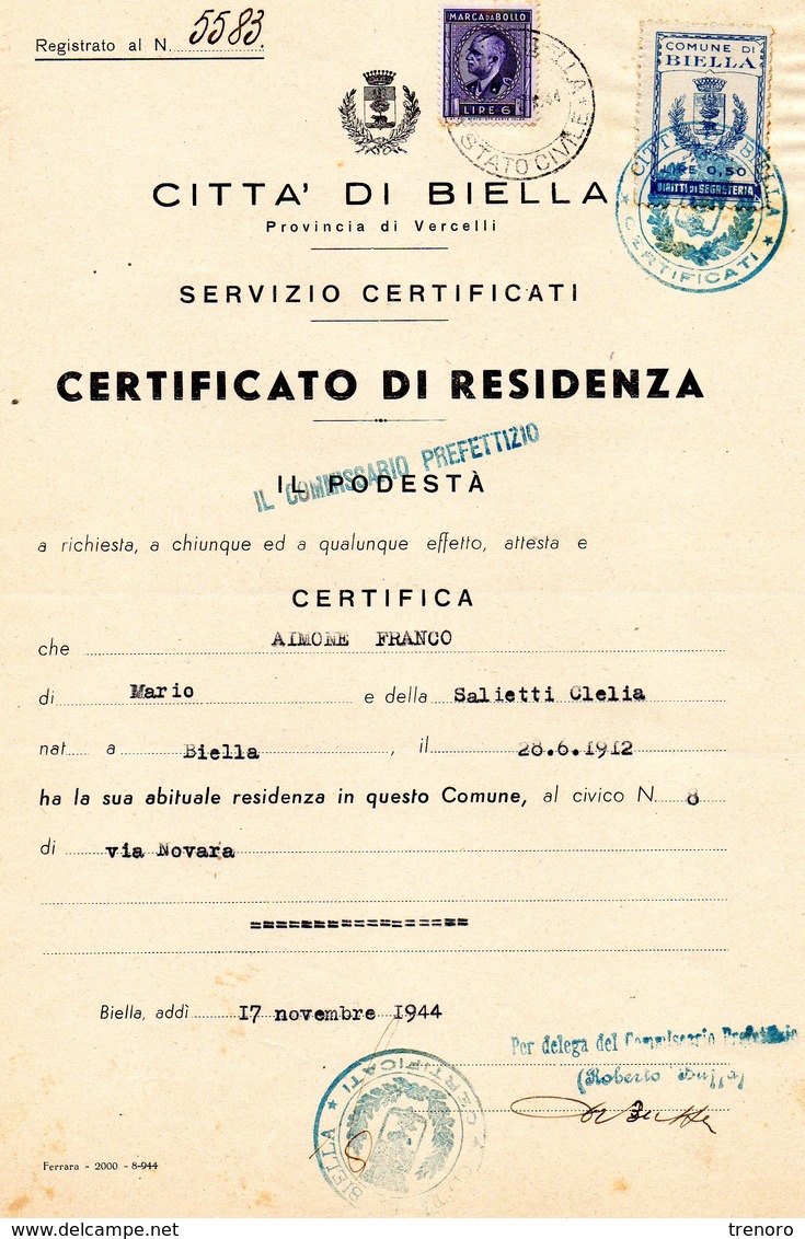 CERTIFICATO DI RESIDENZA - 17.11.1944 - Fiscale Zegels