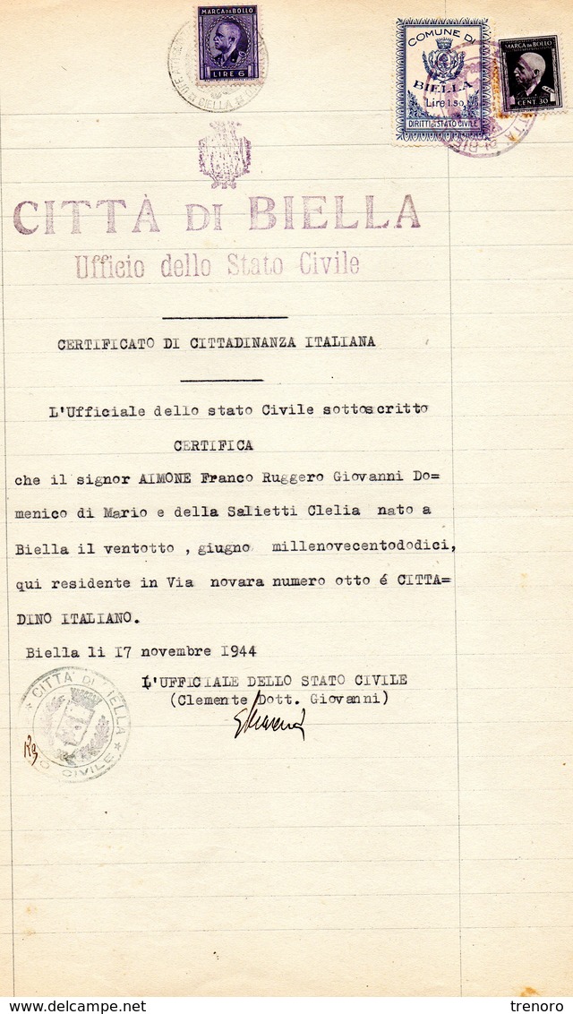 CERTIFICATO DI CITTADINANZA - 17.11.1944 - Fiscales