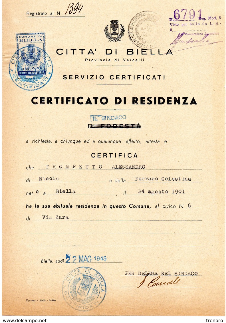 CERTIFICATO DI RESIDENZA - 22.5.1945 - Fiscaux